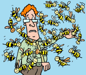 Illustration, man, wasp attack Illustration, man, wasp attack