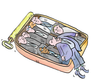 Illustration, sardine can with workers Illustration, sardine can with workers