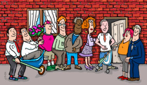 Illustration, people queue in front of an apartment Illustration, people queue in front of an apartment