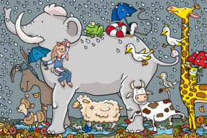 Illustration, animals in the rain Illustration, animals in the rain
