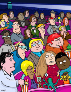 Many people are sitting in a cinema. They are watching a bad film. Many people are sitting in a cinema. They are watching a bad film.