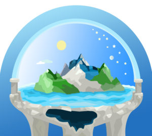 Illustration, ancient world view, flat earth, Illustration, ancient world view, flat earth,