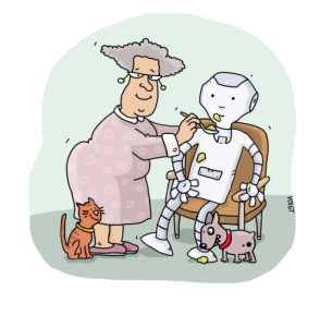 Illustration, elderly woman, robot, feed, symbol, domestic help, medicine, nursing home, Illustration, elderly woman, robot, feed, symbol, domestic help, medicine, nursing home,