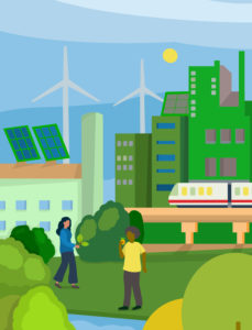 Illustration, symbol, economy, industry, energy, ecology, environment, sustainability, humans and nature Illustration, symbol, economy, industry, energy, ecology, environment, sustainability, humans and nature