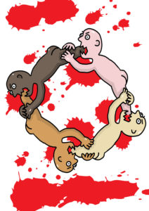 Illustration, a group of people of different skin colors attack each other. Illustration, a group of people of different skin colors attack each other.