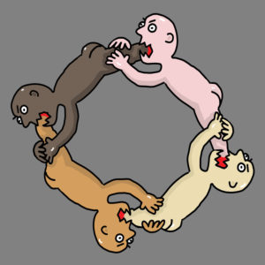 Illustration, a group of people of different skin colors attack each other. Illustration, a group of people of different skin colors attack each other.