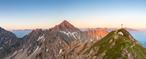 View of the Reither Spitze (2374 m) and the Seefelder Spitze (2221 m) in the Karwendel Mountains shortly after sunrise. View of the Reither Spitze (2374 m) and the Seefelder Spitze (2221 m) in the Karwendel Mountains shortly after sunrise.
