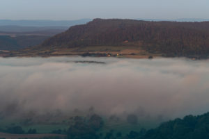 Sunrise with fog in the Saale valley, view from the Leuchtenburg in Thuringia. Sunrise with fog in the Saale valley, view from the Leuchtenburg in Thuringia.