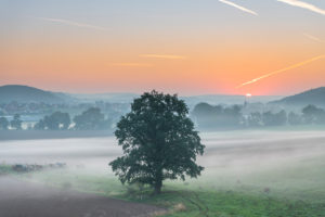 Sonnenaufgang mit Bodennebel in Thüringen, Deutschland. Sonnenaufgang mit Bodennebel in Thüringen, Deutschland.