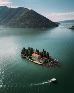 Bay of Kotor in Montenegro on the Adriatic, St. George Island and the Church of Our Lady, Rocks in Perast
