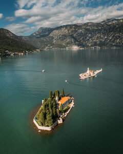 Bay of Kotor in Montenegro on the Adriatic, St. George Island and the Church of Our Lady, Rocks in Perast