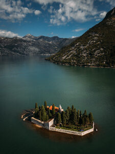 Bay of Kotor in Montenegro on the Adriatic, St. George Island and the Church of Our Lady, Rocks in Perast