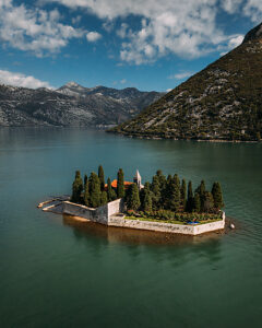 Bay of Kotor in Montenegro on the Adriatic, St. George Island and the Church of Our Lady, Rocks in Perast