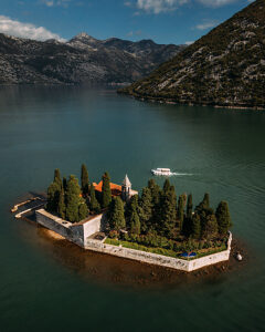 Bay of Kotor in Montenegro on the Adriatic, St. George Island and the Church of Our Lady, Rocks in Perast