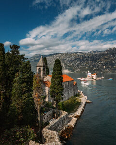 Bay of Kotor in Montenegro on the Adriatic, St. George Island and the Church of Our Lady, Rocks in Perast