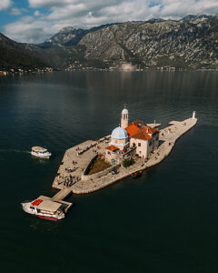 Bay of Kotor in Montenegro on the Adriatic, St. George Island and the Church of Our Lady, Rocks in Perast