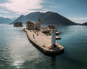 Bay of Kotor in Montenegro on the Adriatic, St. George Island and the Church of Our Lady, Rocks in Perast