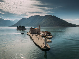 Bay of Kotor in Montenegro on the Adriatic, St. George Island and the Church of Our Lady, Rocks in Perast