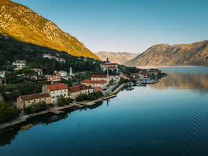 Prčanj Bay of Kotor in Montenegro on the Adriatic Sea, sunrise