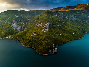 Komani Lake on the Drin River between Skohdra and Koman in Northern Albania, Balkans, Albanian Alps