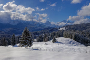 Deutschland, Oberbayern, Winterlandschaft mit Wettersteingebirge bei Elmau
Deutschland, Oberbayern, Winterlandschaft mit Wettersteingebirge bei Elmau