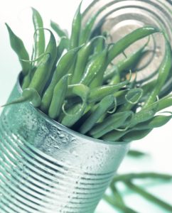 Canned food tin, French beans tin, tin plate, canned food, beans, vegetables, nutrition, healthy, stick beans, legumes, close up, Still life