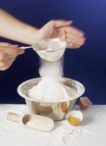 Housewife, detail, hands, flour, seven households, woman, baking, cheek ingredients, bowl, wooden shovel, bake, sieve