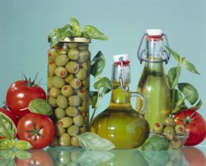 Bottles, olive oils, olives, tomatoes, basil edible oils, oils, vegetable oils, stone fruits, marinaded, food, eat, in Italian, Still life, studio