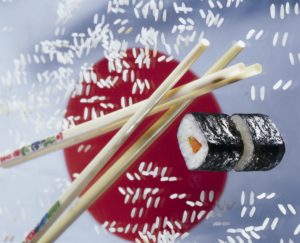 Food, in Japanese, sushi, grains travel, chopsticks, national flag Japan, fish dish, fish, speciality, dish, Asian, food, eat, fish, glass top, mirroring, travel, Still life 