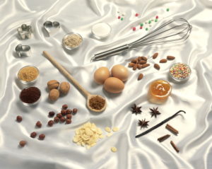 Culinary implements, cheek ingredients whisk, wooden spoon, cinnamon stars, cinnamon sticks, sugar, nuts, hazelnuts, walnuts, Almonds, cinnamon powders, eggs, sugar crumbles, apricot jam, Stern's aniseed, vanilla pod, cookie cutters, ingredients, shoes, Christmas baker's, food, Food, Still life