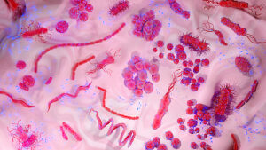 RNA obelisks surrounding bacteria, conceptual illustration