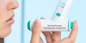 Beclomethasone dipropionate anhydrous medical inhaler, conceptual image. 