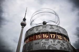Fernsehturm / Television Tower of Berlin, Urania-world time clock in motion Fernsehturm / Television Tower of Berlin, Urania-world time clock in motion