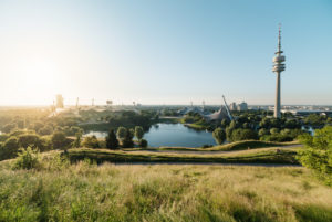 Summer evening in the Olympic Park, Munich, Bavaria, Germany Summer evening in the Olympic Park, Munich, Bavaria, Germany