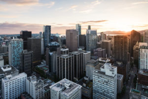 Sunset over the rooftops of Vancouver, British Columbia, Canada
