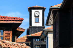 Architecture in Nessebar, tower with clock, Bulgaria Architecture in Nessebar, tower with clock, Bulgaria