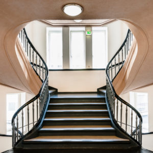 stairway in the Montanhof, Hamburg, Montanhof, Kontorhäuser / office buildings of Hamburg, digitally arranged stairway in the Montanhof, Hamburg, Montanhof, Kontorhäuser / office buildings of Hamburg, digitally arranged