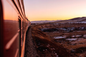 Trans-Siberian Railway during the trip in winter with sunset atmosphere, Siberia, Russia Trans-Siberian Railway during the trip in winter with sunset atmosphere, Siberia, Russia
