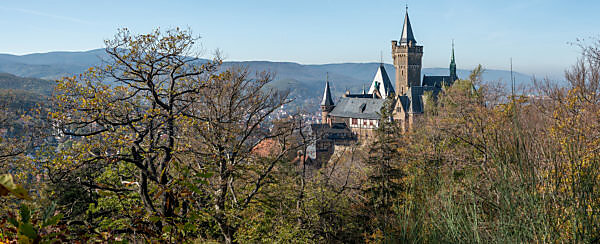Germany, Saxony-Anhalt, Wernigerode, view of the castle Wernigerode, colorful leaves, resin.