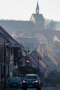 Germany, Saxony-Anhalt, Hasselfelde, transit road, parish church in the background, Oberharz am Brocken.