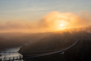 Germany, Saxony-Anhalt, Upper Harz, sunrise, suspension bridge TitanRT at the Rappbodetalsperre, Harz.