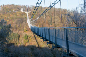 Germany, Saxony-Anhalt, Upper Harz, rope suspension bridge TitanRT, Rappbodetalsperre, Harz.