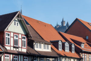 Germany, Saxony-Anhalt, Wernigerode, view of the castle, red roofs, workshop houses, Wernigerode, Harz.
