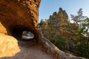 Germany, Saxony-Anhalt, Timmenrode, sand cave at the Hamburg coat of arms, Teufelsmauer, sunrise, Harz, UNESCO Global Geopark Germany, Saxony-Anhalt, Timmenrode, sand cave at the Hamburg coat of arms, Teufelsmauer, sunrise, Harz, UNESCO Global Geopark