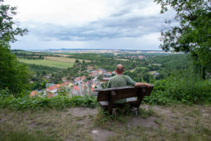 Germany, Saxony-Anhalt, Stecklenberg, vacationers looks at the Harzvorland from the observation deck of the Stecklenburg castle ruins. Germany, Saxony-Anhalt, Stecklenberg, vacationers looks at the Harzvorland from the observation deck of the Stecklenburg castle ruins.