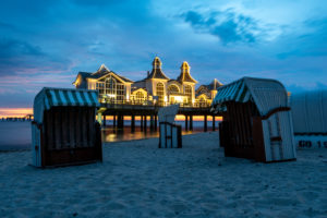 Germany, Mecklenburg-Western Pomerania, Ruegen island, Sellin, pier, beach chairs, blue hour Germany, Mecklenburg-Western Pomerania, Ruegen island, Sellin, pier, beach chairs, blue hour