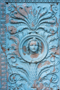 Germany, Mecklenburg-Western Pomerania, Putbus, decorated door of a cavalier's house at the Circus, a historic toboggan run, detailed view Germany, Mecklenburg-Western Pomerania, Putbus, decorated door of a cavalier's house at the Circus, a historic toboggan run, detailed view