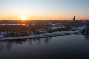 Sunrise with Albin Müller Tower and renovated Hyparschale, banks of the Elbe, Magdeburg, Saxony-Anhalt, Germany