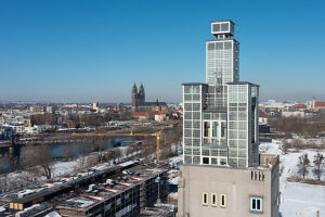 Albin Müller Tower, behind it historic lift bridge and cathedral, Magdeburg, Saxony-Anhalt, Germany