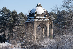Snow-covered St. Mary's Temple in Rotehorn City Park, Magdeburg, Saxony-Anhalt, Germany